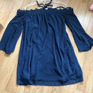 Navy halter/off shoulder dress with polka dots